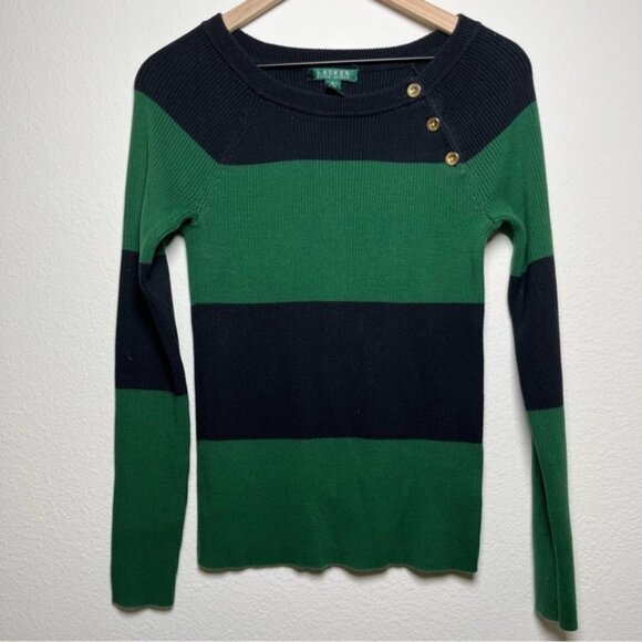 Lauren Ralph Lauren Sweaters - Lauren Ralph‎ Lauren Women Sweater Medium Green Blue Stripe Rib Preppy Rugby